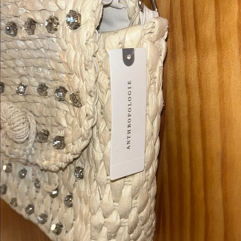 Anthropologie Cream Woven Crossbody Bag Rhinestones Unique Year Round Bag - Picture 4 of 4
